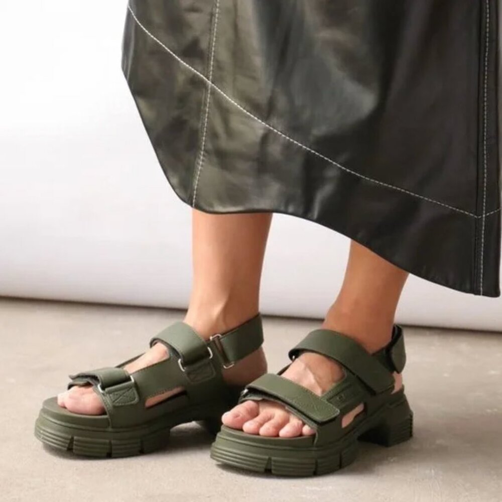 Ganni | New Recycled Rubber Platform Sandals in Khaki Green Size 38